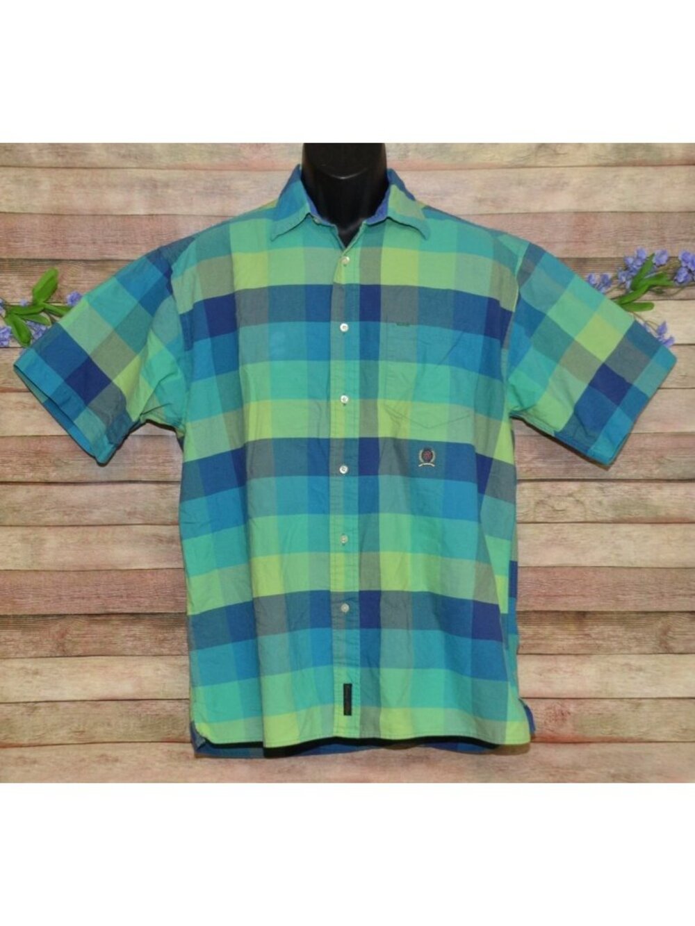 Vintage Tommy Hilfiger 90's Men's Green Button Up Shirt M Crest Logo Cotton